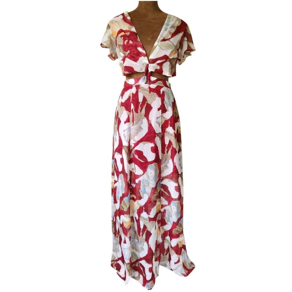 Luxxel Dress Size S Maxi‎ Floral Cut Out Sides Slits Flowy Romantic Red V Neck